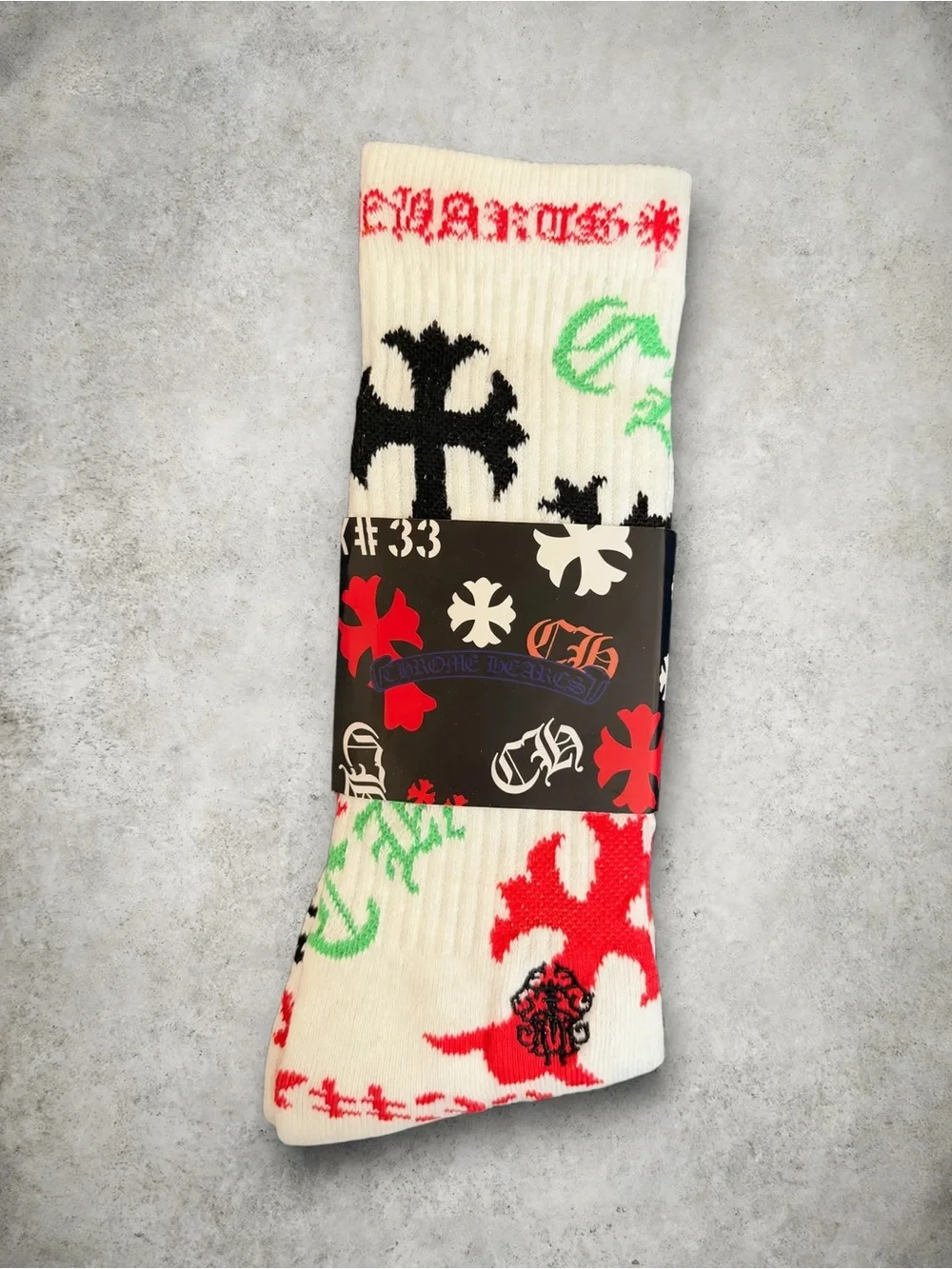 White chrome heart Socks with Red, Black & Green Cross Motif